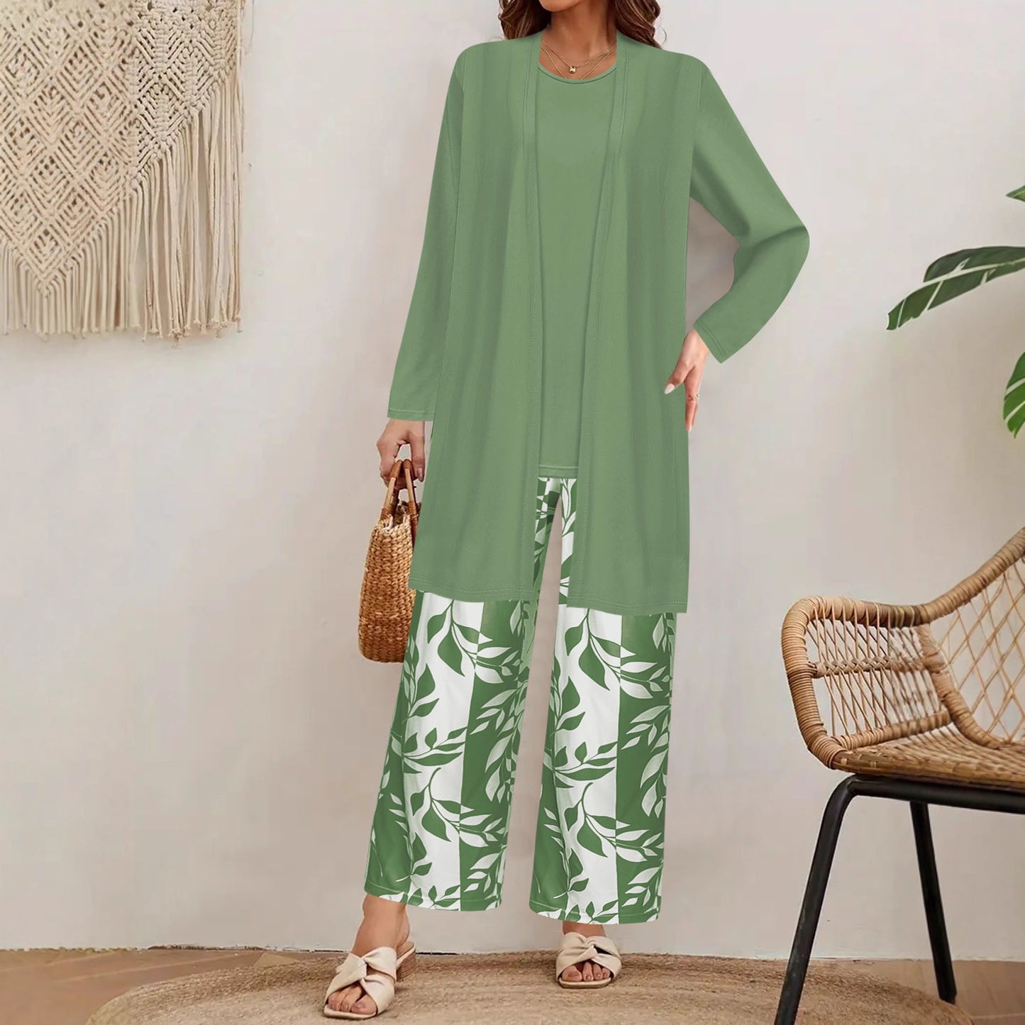 Ensemble Trois Pièces Femme  Cardigan Long  Top  Pantalon Large Imprimé Floral