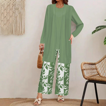 Ensemble Trois Pièces Femme  Cardigan Long  Top  Pantalon Large Imprimé Floral