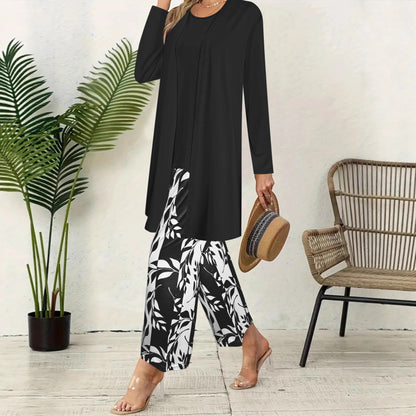 Ensemble Trois Pièces Femme  Cardigan Long  Top  Pantalon Large Imprimé Floral