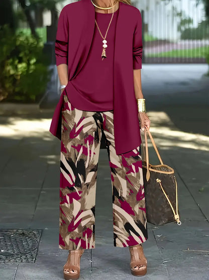 Ensemble Trois Pièces Femme  Cardigan Long  Top  Pantalon Large Imprimé Floral