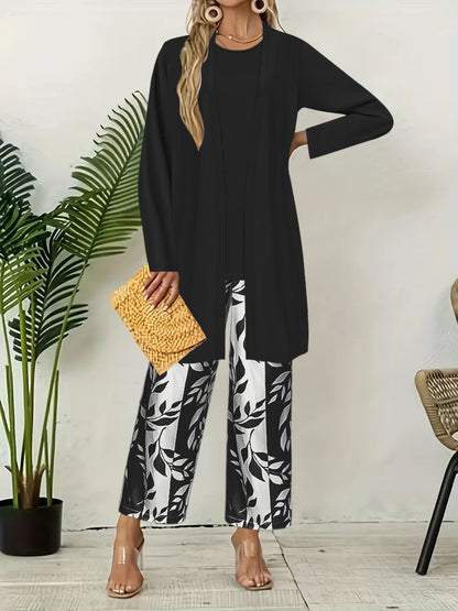 Ensemble Trois Pièces Femme  Cardigan Long  Top  Pantalon Large Imprimé Floral