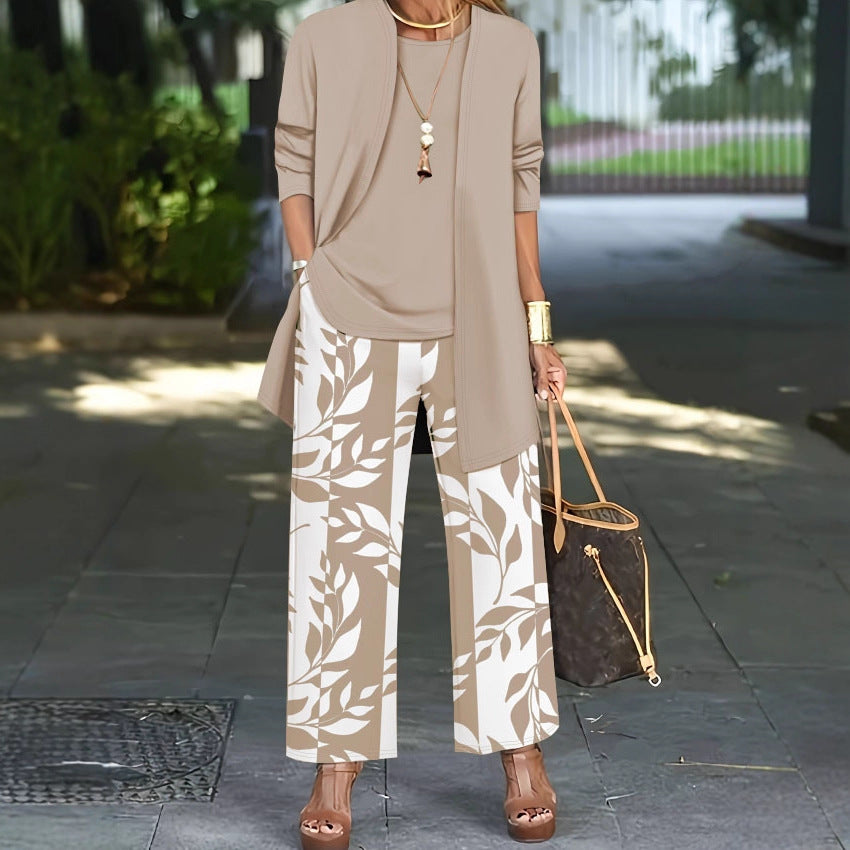 Ensemble Trois Pièces Femme  Cardigan Long  Top  Pantalon Large Imprimé Floral