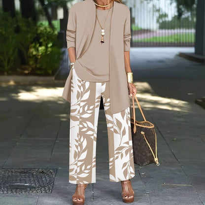 Ensemble Trois Pièces Femme  Cardigan Long  Top  Pantalon Large Imprimé Floral