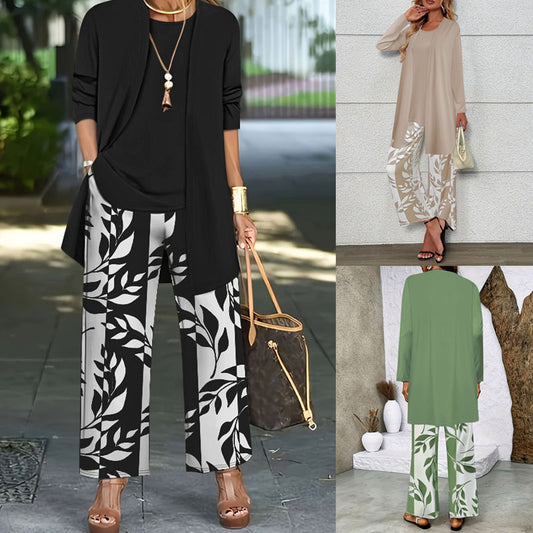 Ensemble Trois Pièces Femme  Cardigan Long  Top  Pantalon Large Imprimé Floral