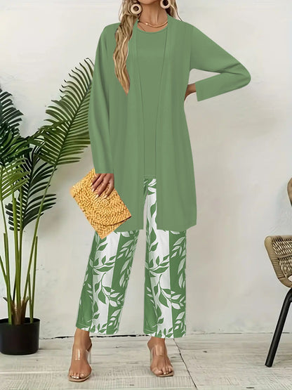 Ensemble Trois Pièces Femme  Cardigan Long  Top  Pantalon Large Imprimé Floral